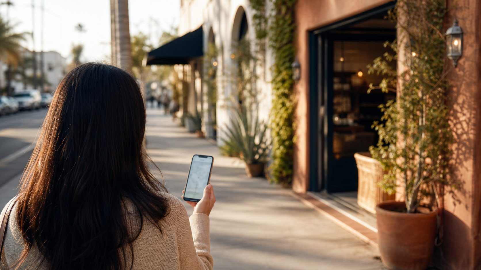 Hands holding a phone, searching for a local business on a Los Angeles street
