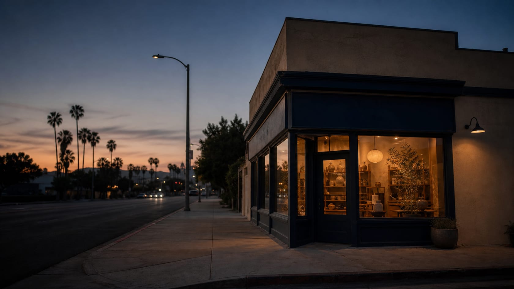 A small Los Angeles corner shop glowing warm at blue hour