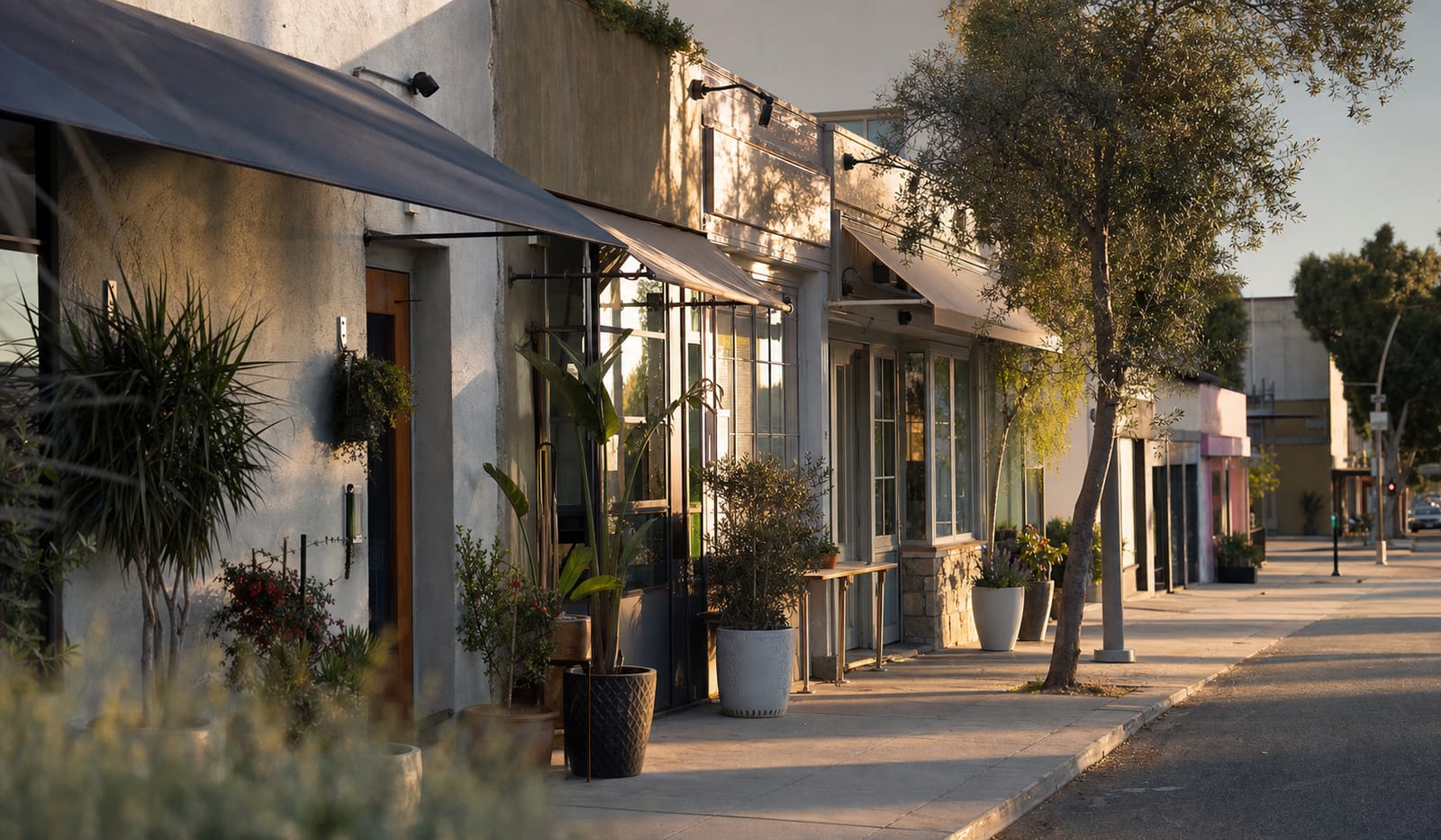 A quiet Los Angeles block of small independent storefronts at golden hour